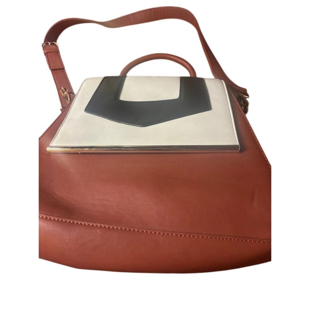 Lionel Vegan Leather Hand / Shoulder Bag Stiff Body Brown Black White Gold NWOT